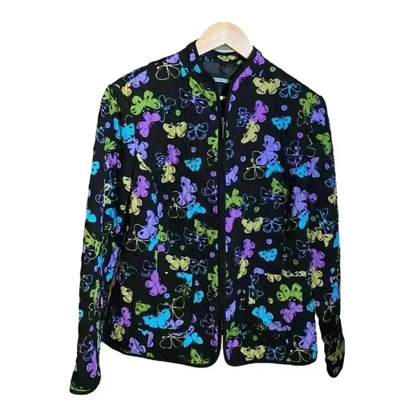 VGT Y2K REQUIREMENTS Women's Black Quilted Embroidered Butterfly Jacket Coat XL - Picture 1 of 14